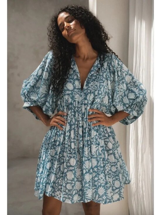 Daughters of India Dresses & Skirts - Daughters Of India Kyra Mini Dress Ocean Blue Large Floral Boho Flowy DR-1930